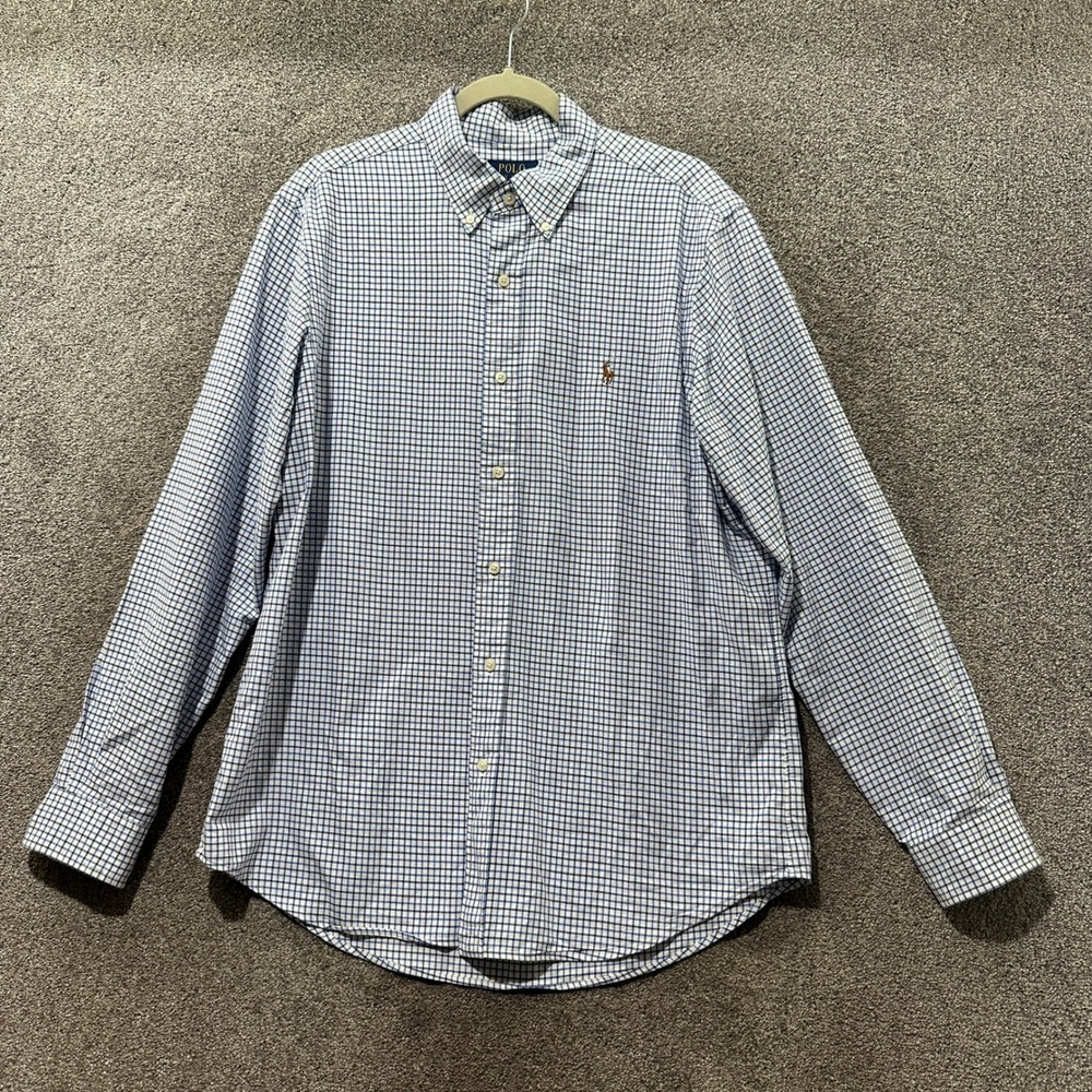 Polo Ralph Lauren Button Up Shirt Men Large Classic Fit Blue White Gingham